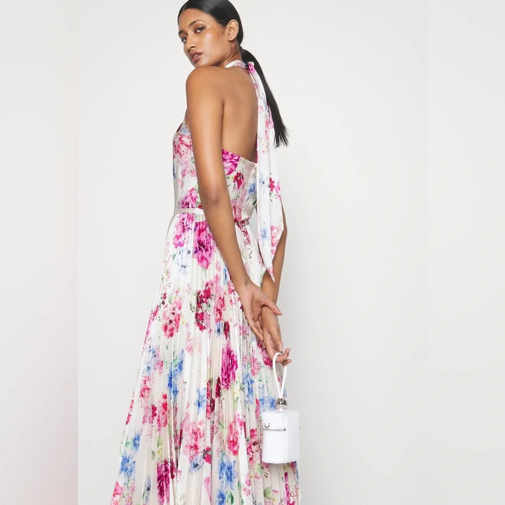 ML Monique Lhuillier Floral Hammered Satin Midi Dress - Picture 2 of 9